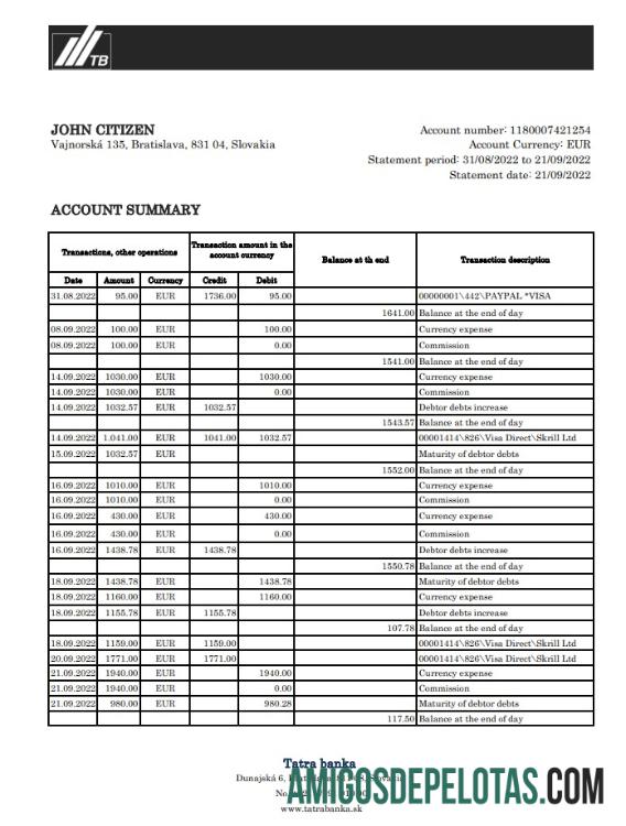 Eslováquia Tatra Bank Statement Xls VERSION 2 modelo